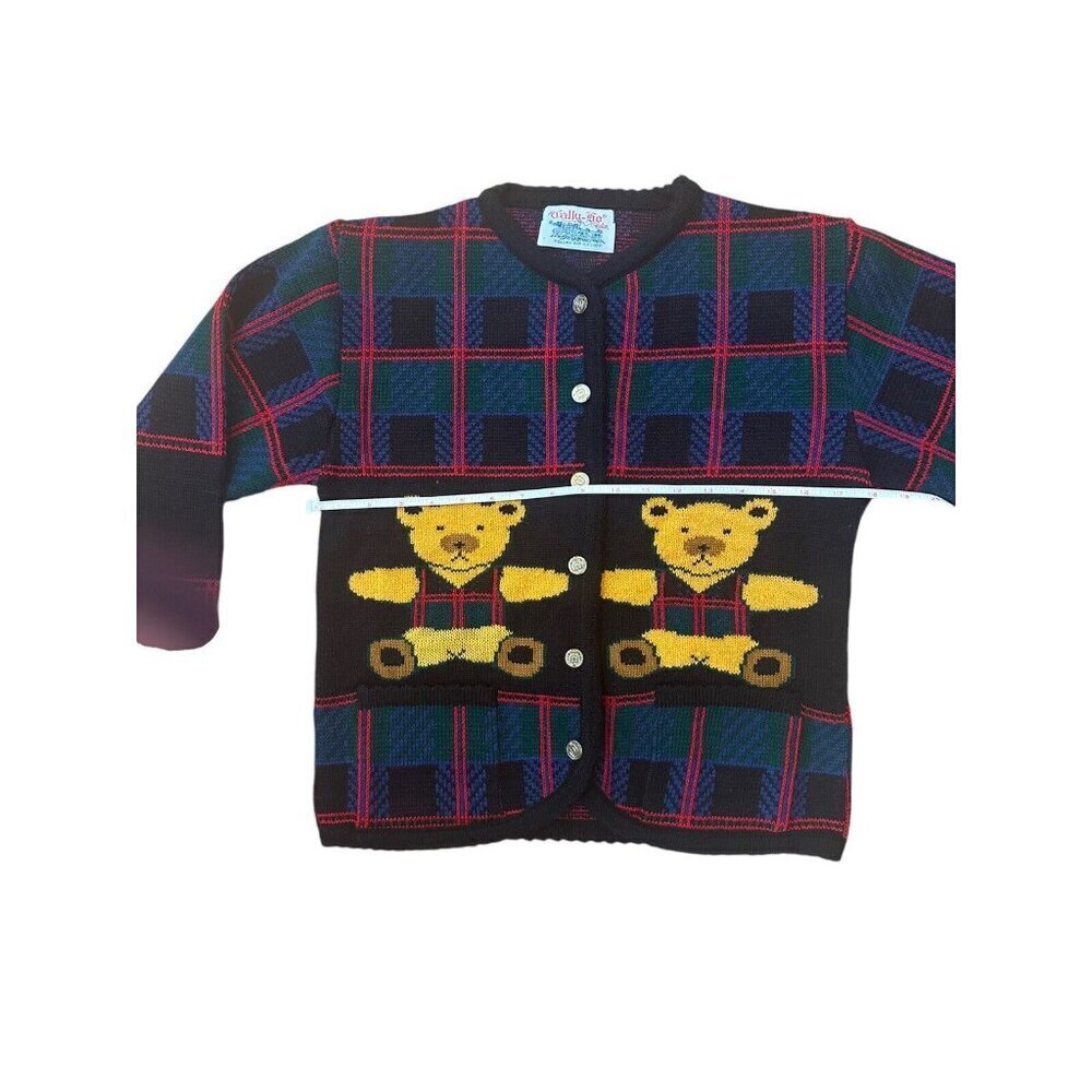 Tally Ho Sweater Cardigan Vtg 90s Plaid Teddy Bear Knit Womens Small - Picture 9 of 9